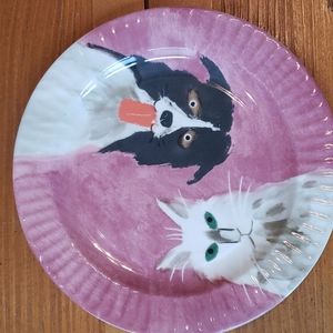 Anthroplogie Holly Frean dessert/salad plate pink-cat,dog.